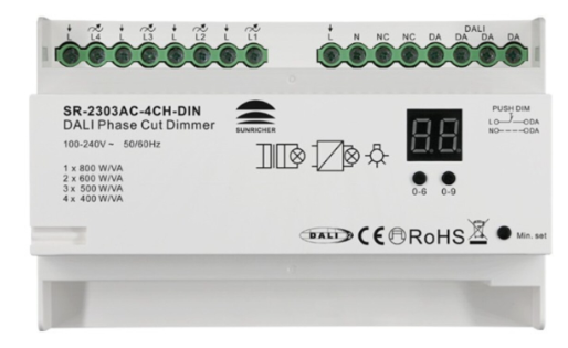 The Sunricher SR-2303AC-4CH-DIN is a DIN rail mountable 4 channel DALI-2 to AC dimming (TRIAC) converter. It takes the output from a DALI-2 controller and “chops” the AC output to control AC dimmable or TRIAC dimmable lighting gear. There are four 1 The Sunricher SR-2303AC-4CH-DIN is a DIN rail mountable 4 channel DALI-2 to AC dimming (TRIAC) converter. It takes the output from a DALI-2 controller and “chops” the AC output to control AC dimmable or TRIAC dimmable lighting gear. There are four 1