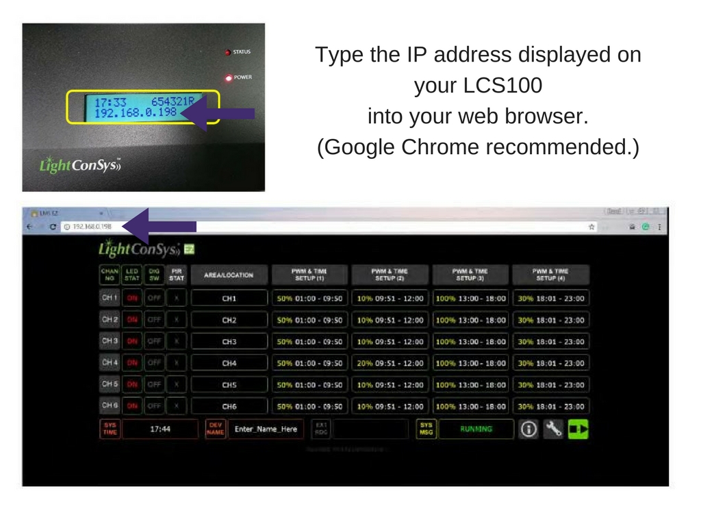 Enter IP address displayed on LCS100 into web browser