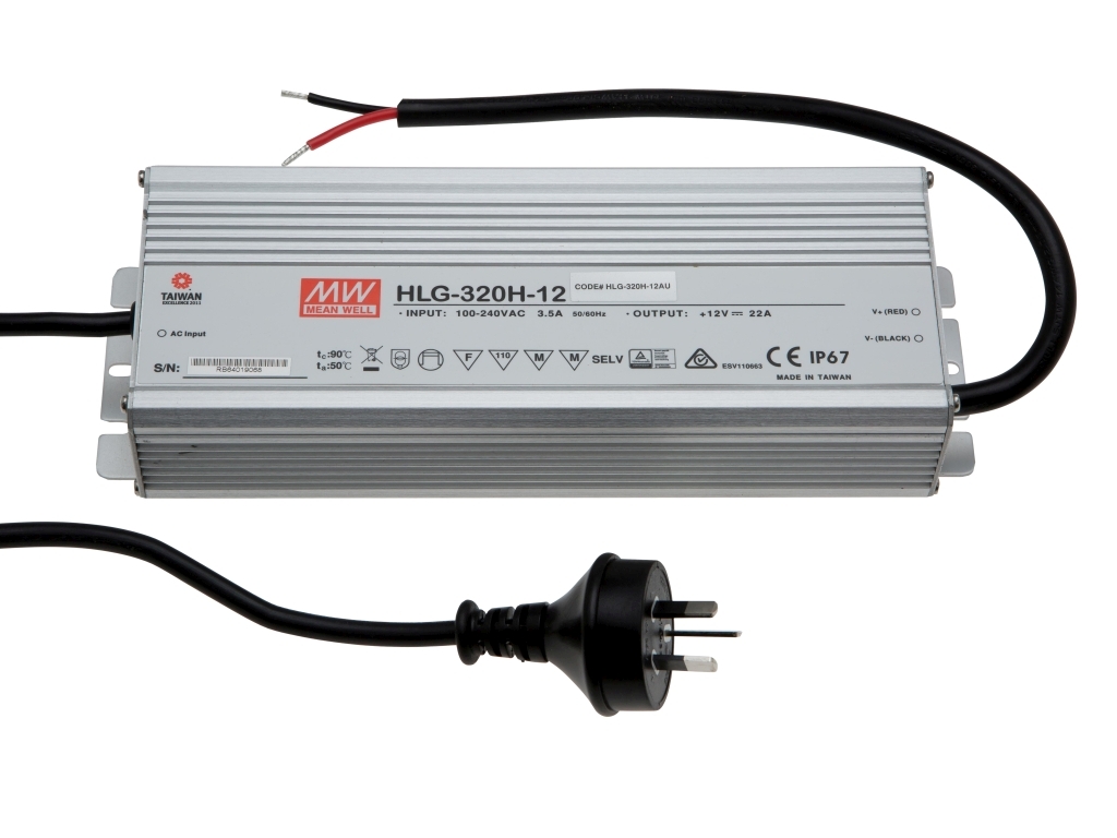 A MEANWELL power supply, the HLG-320H-24A looks very similar to the HLG-320H-12, but includes a small access port on the front to adjust output.