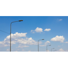 LED Street lights lined going down a road